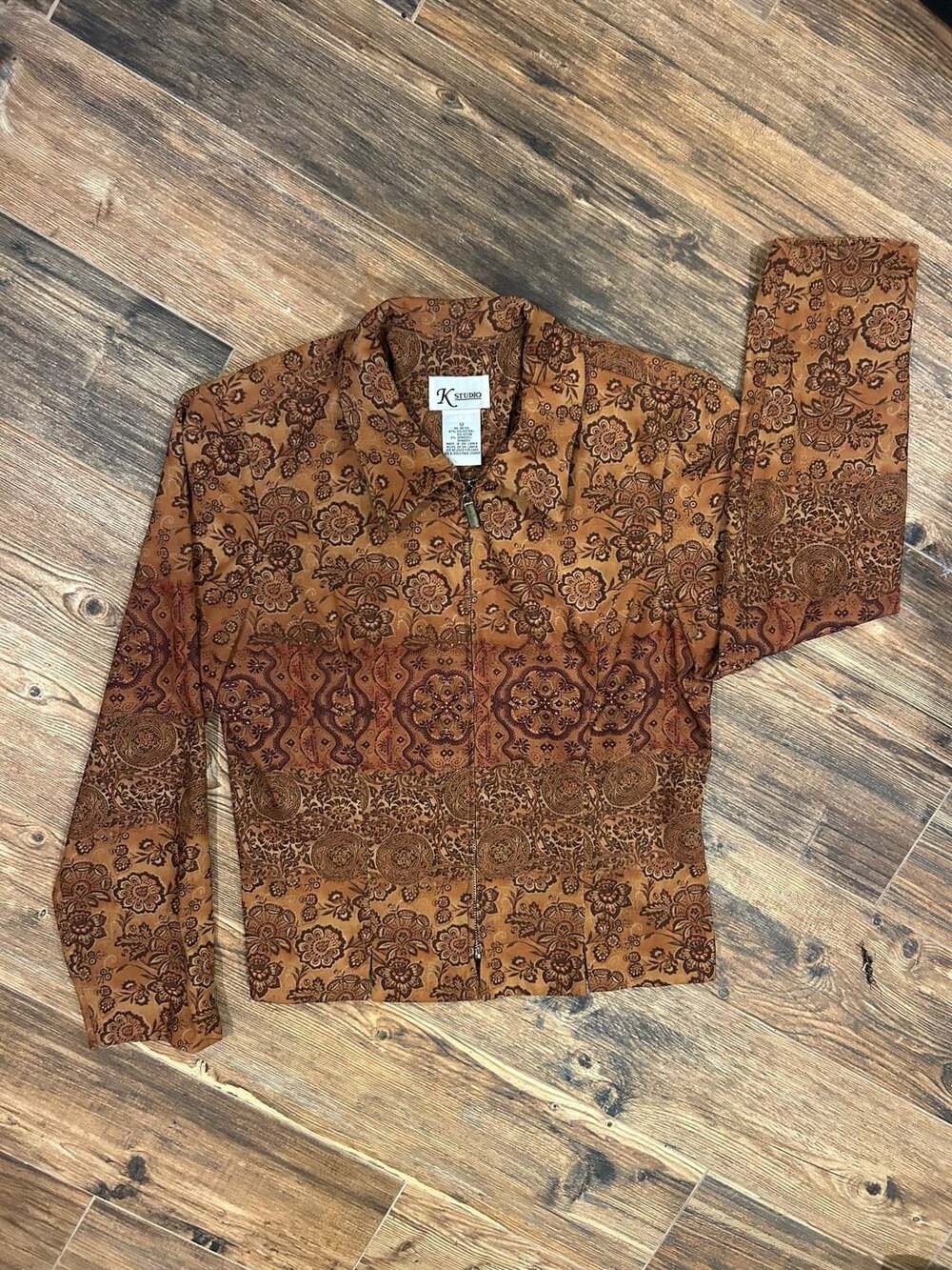 K Studio Floral Tapestry Zip Jacket Size 12 Brown